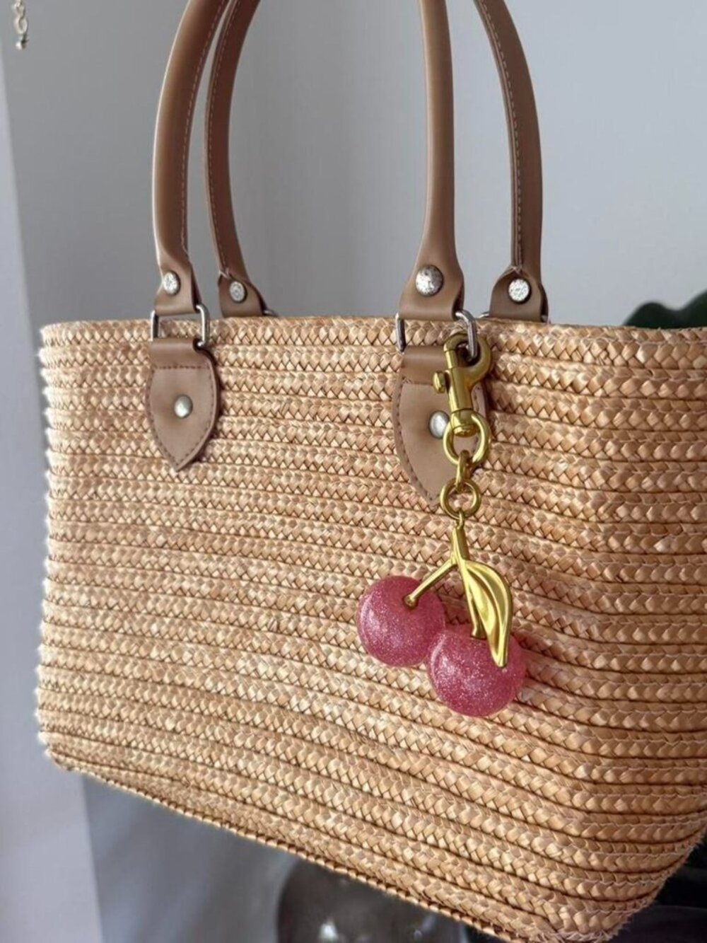 Summer Straw Tote Bag with Pink Glitter Cherry Charm - Picture 5 of 5